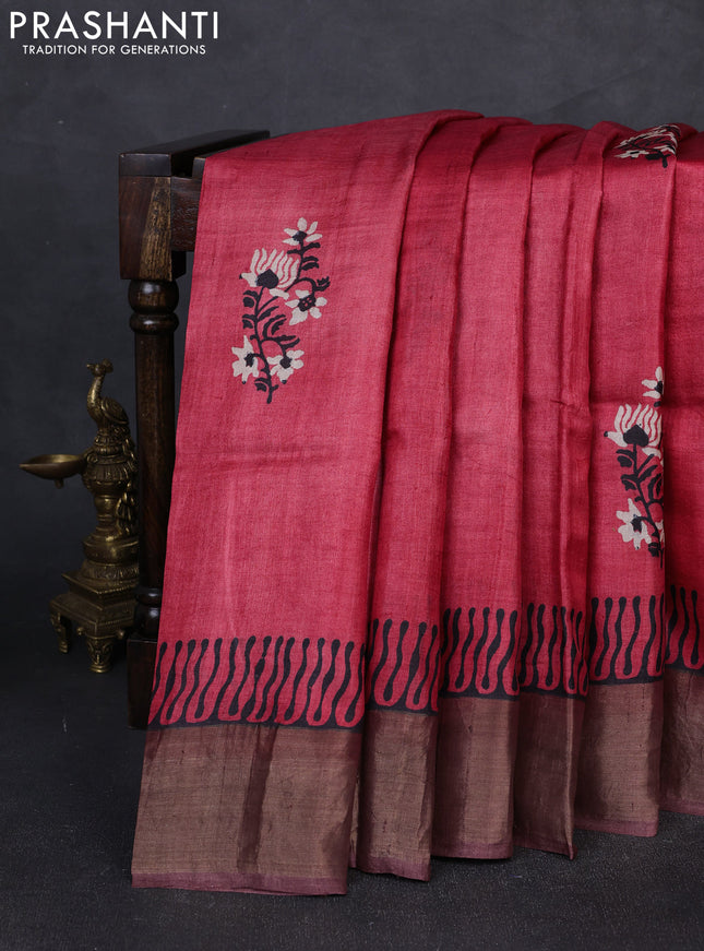 Pure tussar silk saree tomato pink and black with floral butta prints and zari woven border