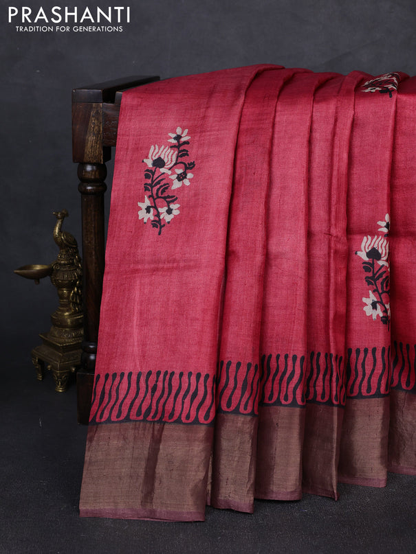 Pure tussar silk saree tomato pink and black with floral butta prints and zari woven border