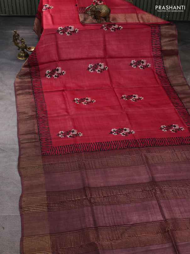 Pure tussar silk saree tomato pink and black with floral butta prints and zari woven border