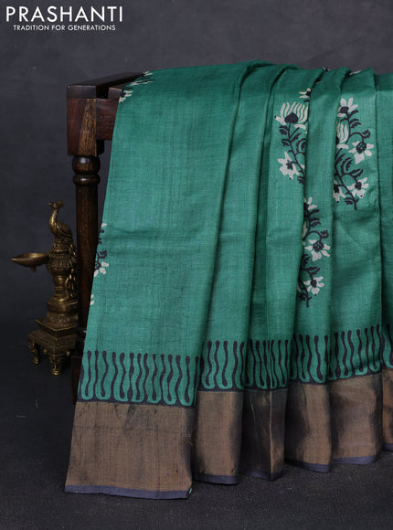 Pure tussar silk saree green and black with floral butta prints and zari woven border