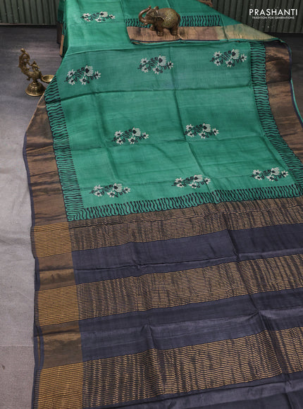 Pure tussar silk saree green and black with floral butta prints and zari woven border