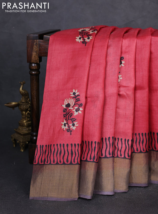 Pure tussar silk saree tomato pink and black with floral butta prints and zari woven border