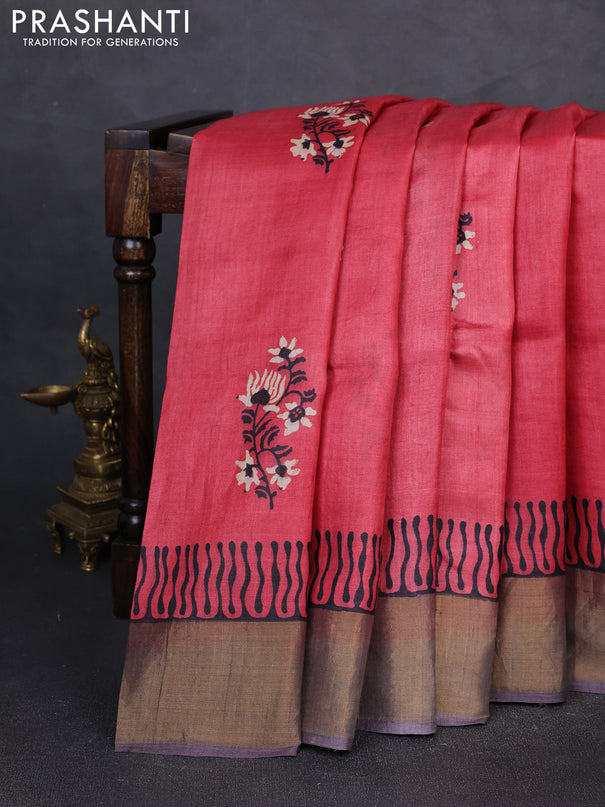 Pure tussar silk saree tomato pink and black with floral butta prints and zari woven border