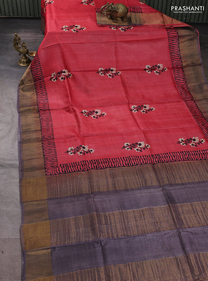Pure tussar silk saree tomato pink and black with floral butta prints and zari woven border