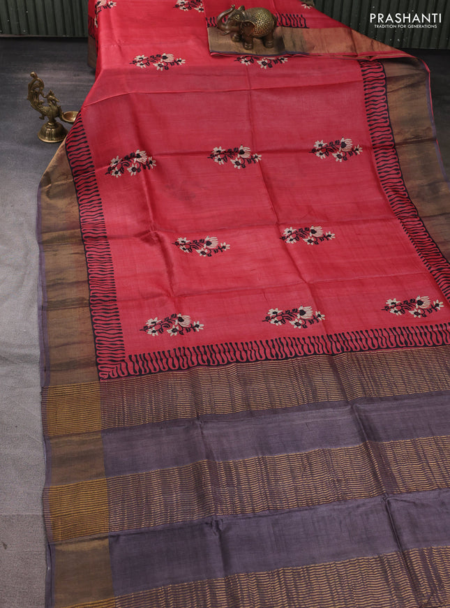 Pure tussar silk saree tomato pink and black with floral butta prints and zari woven border