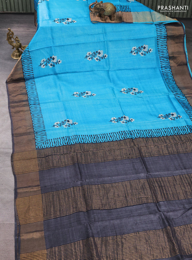 Pure tussar silk saree cs blue and black with floral butta prints and zari woven border