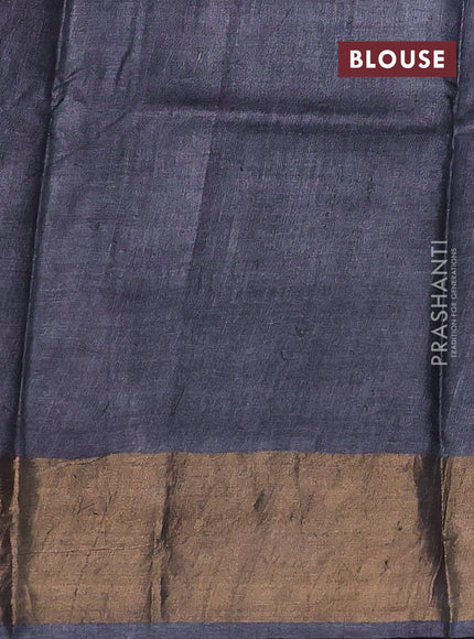 Pure tussar silk saree cs blue and black with floral butta prints and zari woven border