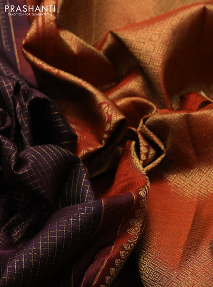 Pure kanchipuram silk saree deep jamun and rustic orange with allover small zari checks & buttas and long rettapet zari woven border