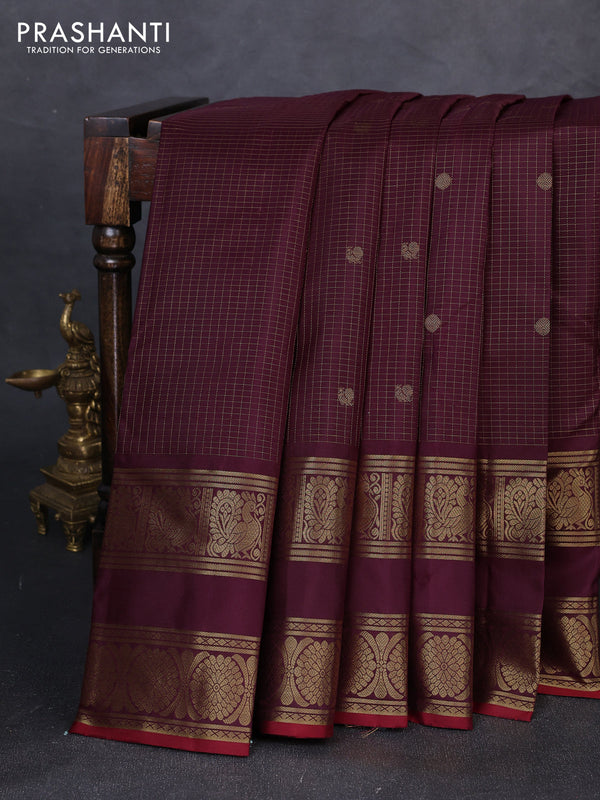 Pure kanchipuram silk saree wine shade with allover small zari checks & buttas and long rettapet zari woven border