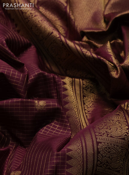 Pure kanchipuram silk saree wine shade with allover small zari checks & buttas and long rettapet zari woven border