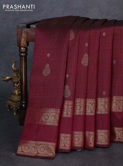 Pure kanchipuram silk saree maroon with allover small zari checks & buttas and long rettapet zari woven border