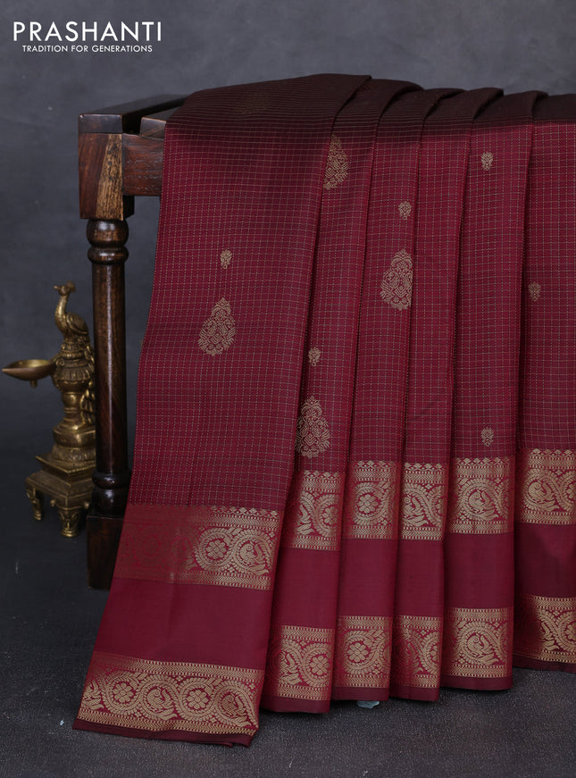 Pure kanchipuram silk saree maroon with allover small zari checks & buttas and long rettapet zari woven border
