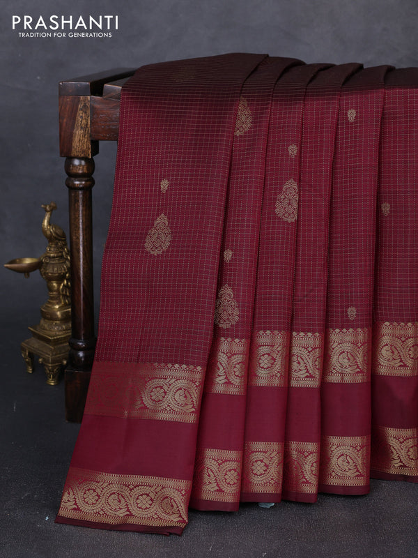 Pure kanchipuram silk saree maroon with allover small zari checks & buttas and long rettapet zari woven border