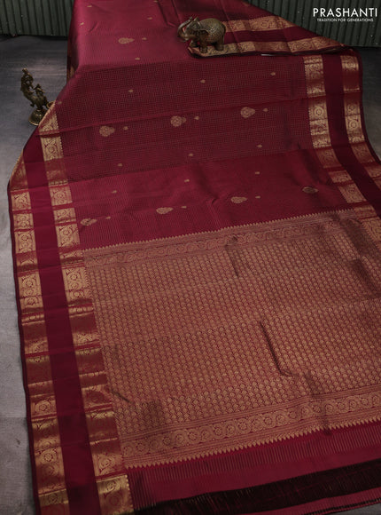 Pure kanchipuram silk saree maroon with allover small zari checks & buttas and long rettapet zari woven border