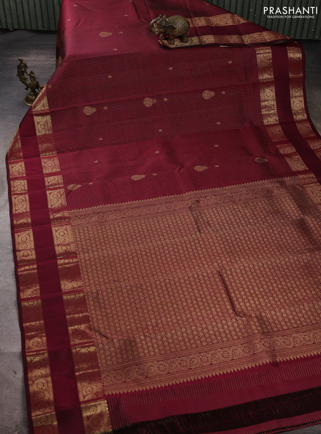 Pure kanchipuram silk saree maroon with allover small zari checks & buttas and long rettapet zari woven border