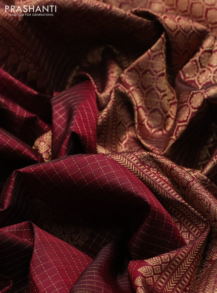 Pure kanchipuram silk saree maroon with allover small zari checks & buttas and long rettapet zari woven border
