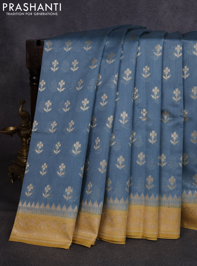 Banarasi silk cotton saree bluish grey and mustard yellow with allover thread & zari woven buttas and woven border