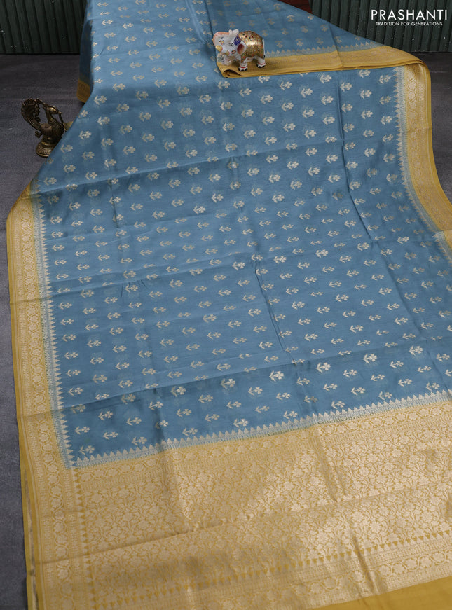 Banarasi silk cotton saree bluish grey and mustard yellow with allover thread & zari woven buttas and woven border
