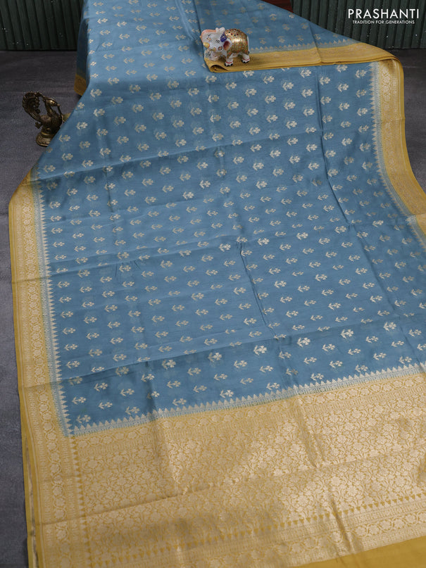 Banarasi silk cotton saree bluish grey and mustard yellow with allover thread & zari woven buttas and woven border