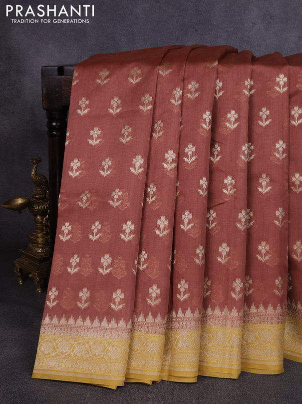 Banarasi silk cotton saree rust shade and mustard yellow with allover thread & zari woven buttas and woven border
