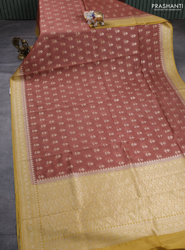 Banarasi silk cotton saree rust shade and mustard yellow with allover thread & zari woven buttas and woven border
