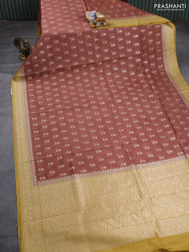 Banarasi silk cotton saree rust shade and mustard yellow with allover thread & zari woven buttas and woven border