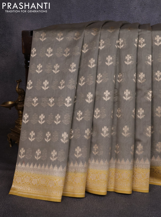 Banarasi silk cotton saree grey and mustard yellow with allover thread & zari woven buttas and woven border