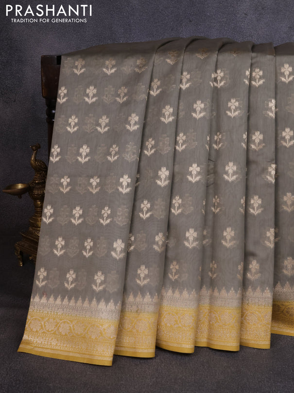 Banarasi silk cotton saree grey and mustard yellow with allover thread & zari woven buttas and woven border