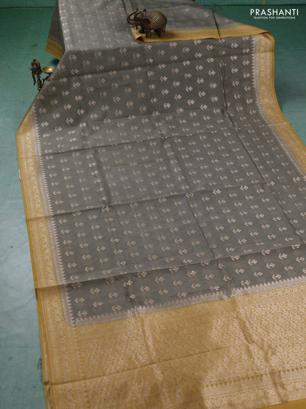 Banarasi silk cotton saree grey and mustard yellow with allover thread & zari woven buttas and woven border