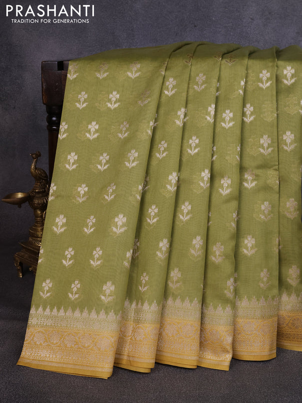 Banarasi silk cotton saree pista green and mustard yellow with allover thread & zari woven buttas and woven border