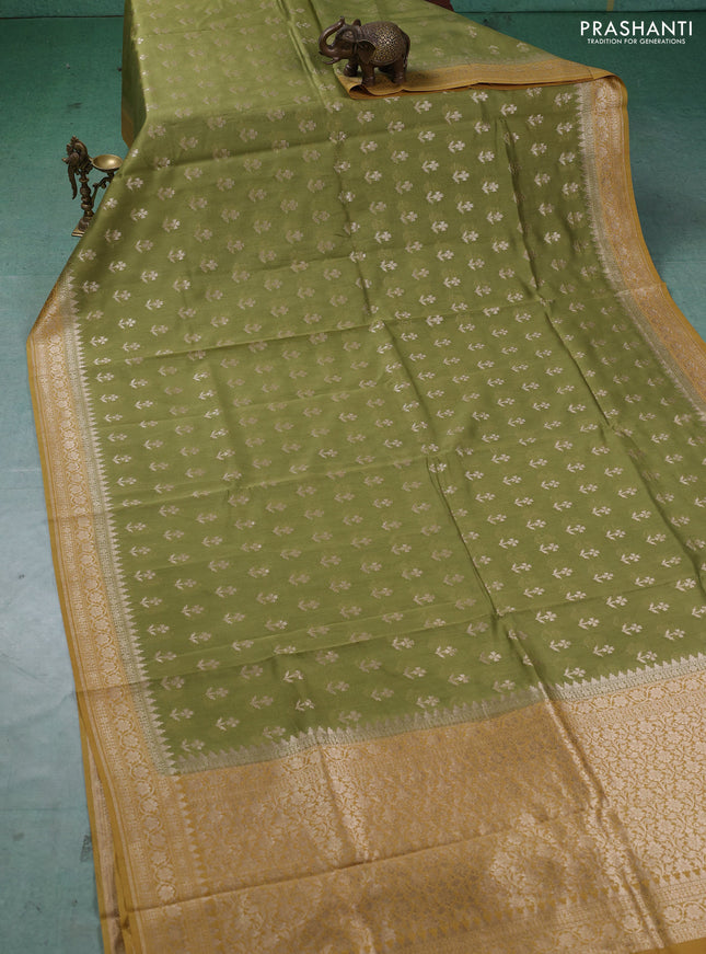 Banarasi silk cotton saree pista green and mustard yellow with allover thread & zari woven buttas and woven border