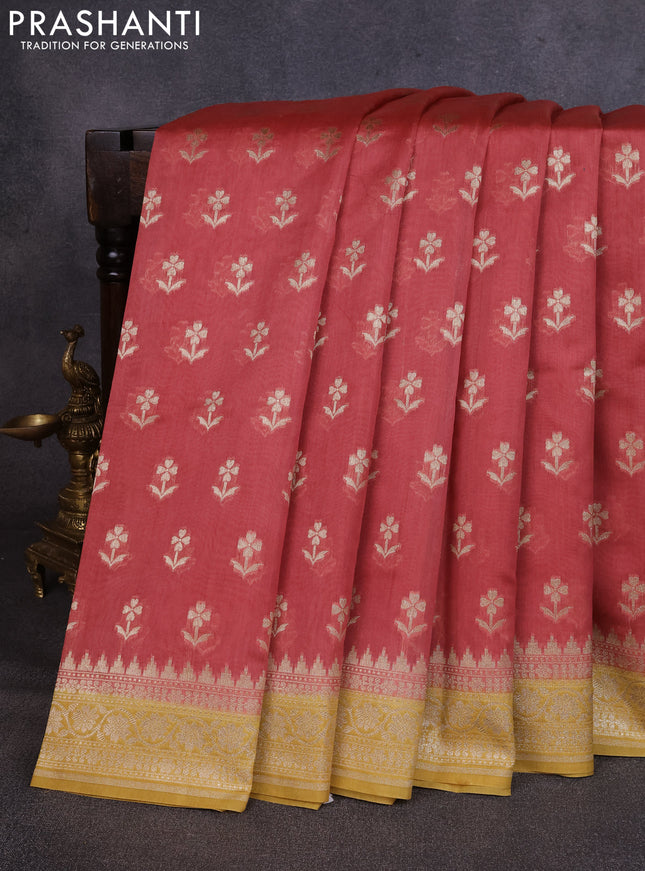 Banarasi silk cotton saree dark peach and mustard yellow with allover thread & zari woven buttas and woven border
