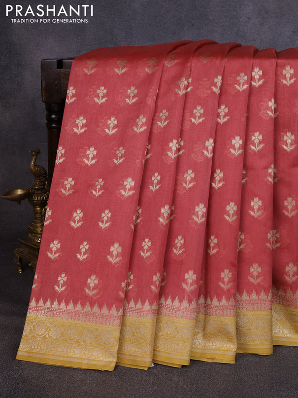 Banarasi silk cotton saree dark peach and mustard yellow with allover thread & zari woven buttas and woven border