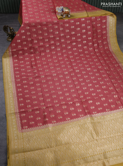 Banarasi silk cotton saree dark peach and mustard yellow with allover thread & zari woven buttas and woven border