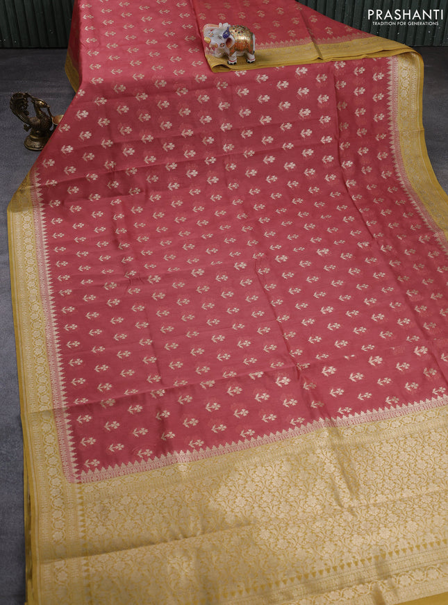 Banarasi silk cotton saree dark peach and mustard yellow with allover thread & zari woven buttas and woven border