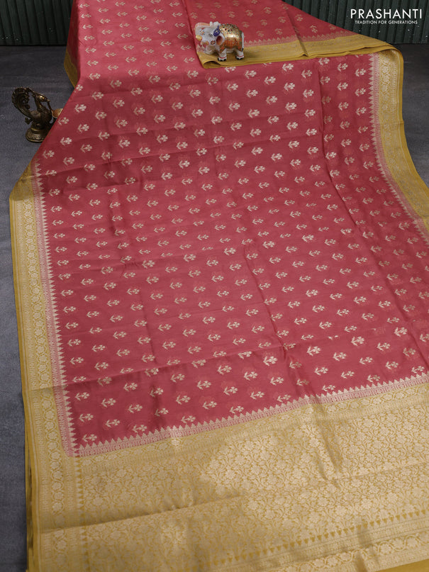 Banarasi silk cotton saree dark peach and mustard yellow with allover thread & zari woven buttas and woven border