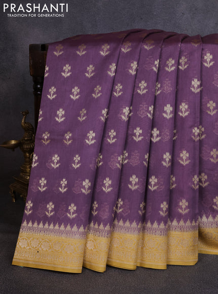 Banarasi silk cotton saree pastel purple and mustard yellow with allover thread & zari woven buttas and woven border