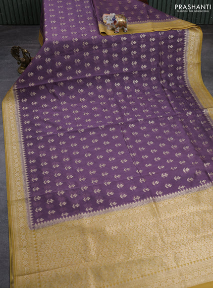 Banarasi silk cotton saree pastel purple and mustard yellow with allover thread & zari woven buttas and woven border