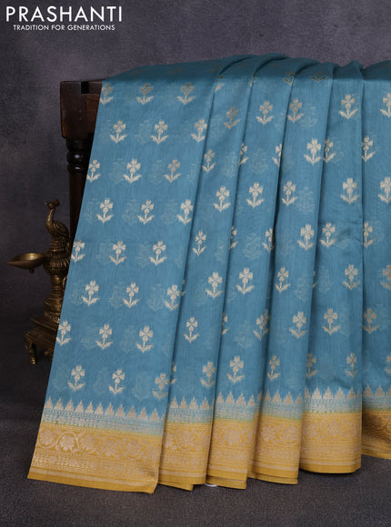 Banarasi silk cotton saree pastel blue and mustard yellow with allover thread & zari woven buttas and woven border