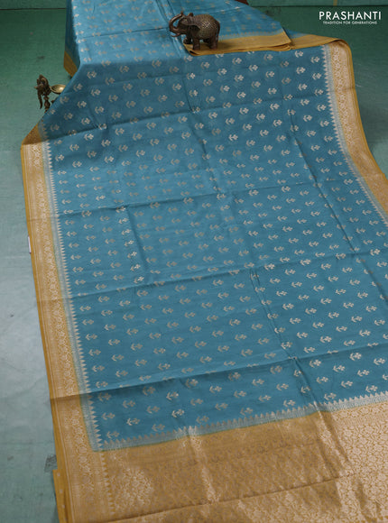Banarasi silk cotton saree pastel blue and mustard yellow with allover thread & zari woven buttas and woven border