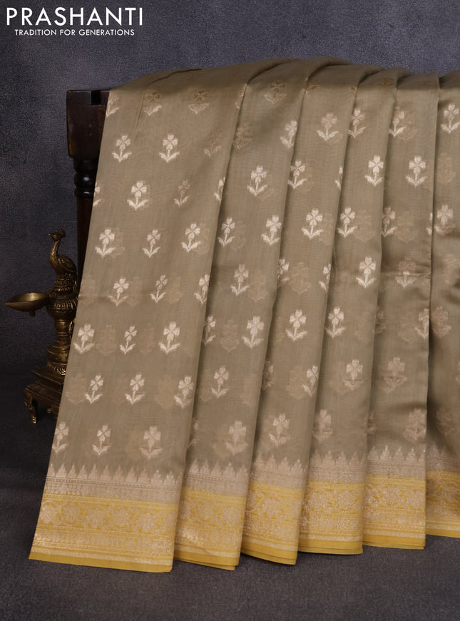 Banarasi silk cotton saree beige and mustard yellow with allover thread & zari woven buttas and woven border