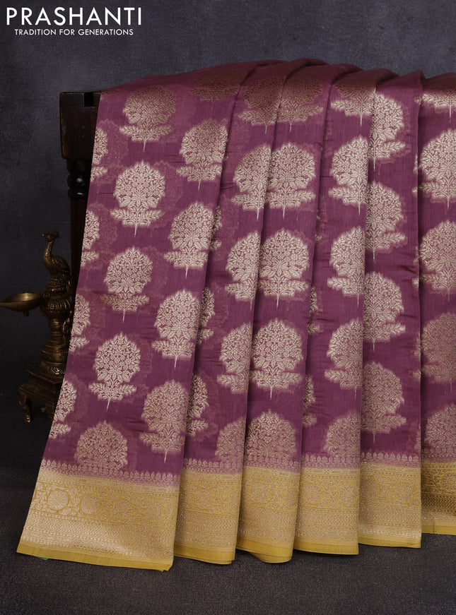 Banarasi silk cotton saree pastel purple and mustard yellow with allover thread & zari woven buttas and woven border