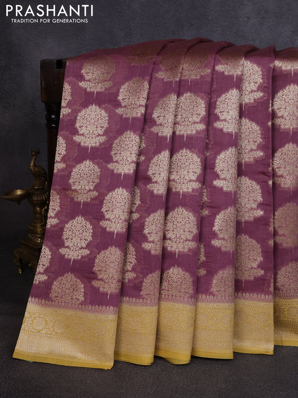 Banarasi silk cotton saree pastel purple and mustard yellow with allover thread & zari woven buttas and woven border