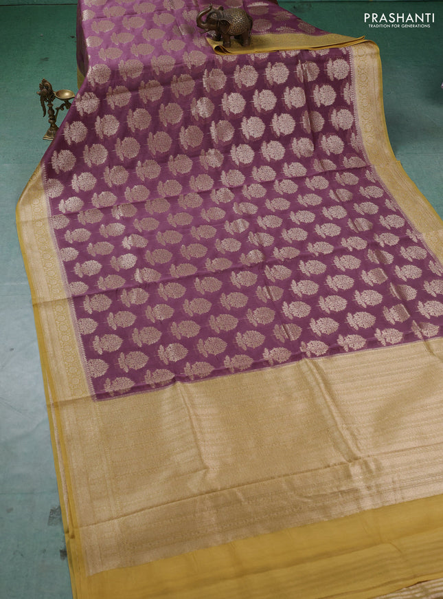 Banarasi silk cotton saree pastel purple and mustard yellow with allover thread & zari woven buttas and woven border