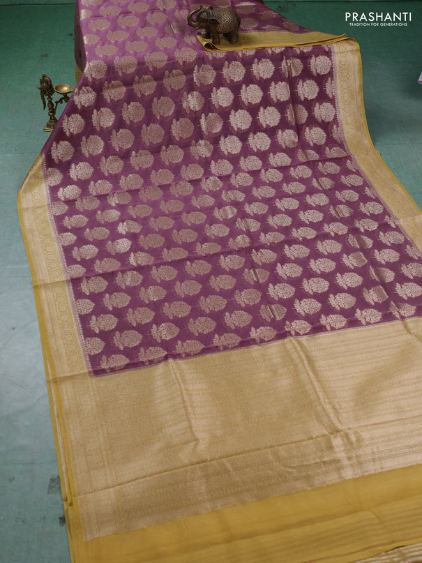 Banarasi silk cotton saree pastel purple and mustard yellow with allover thread & zari woven buttas and woven border