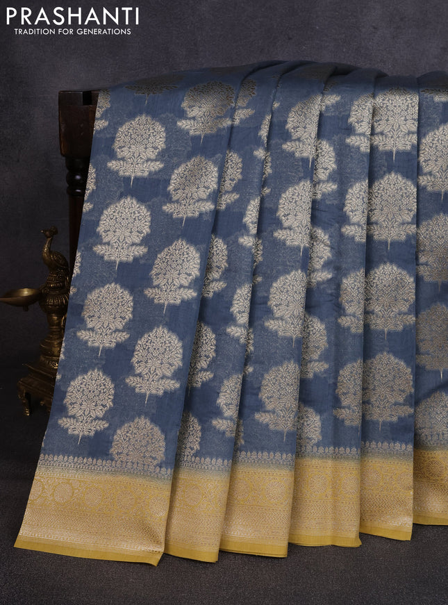 Banarasi silk cotton saree bluish grey and mustard yellow with allover thread & zari woven buttas and woven border