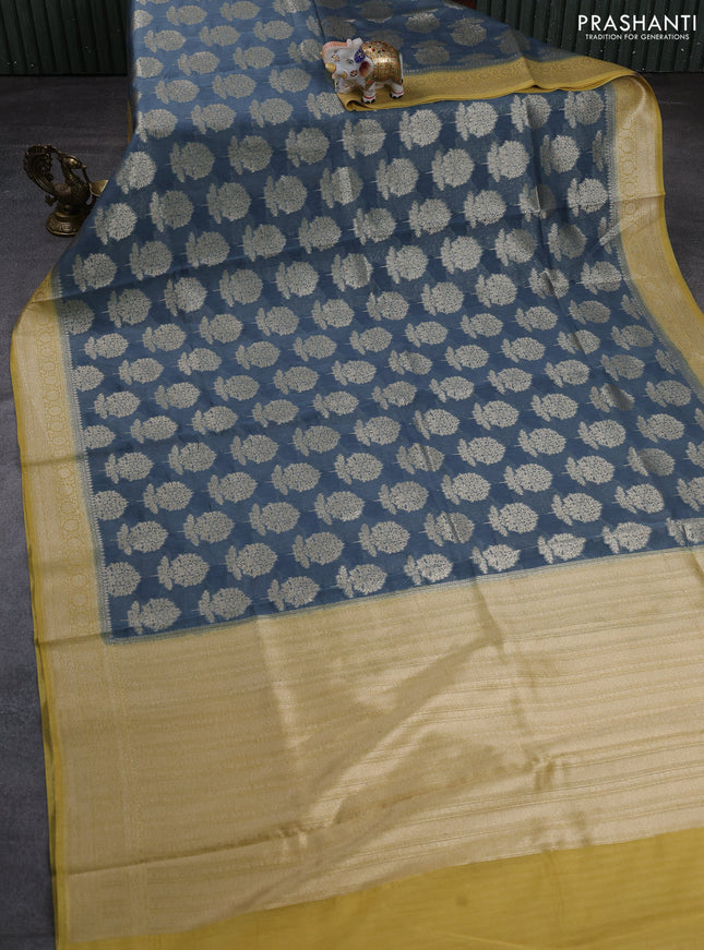 Banarasi silk cotton saree bluish grey and mustard yellow with allover thread & zari woven buttas and woven border