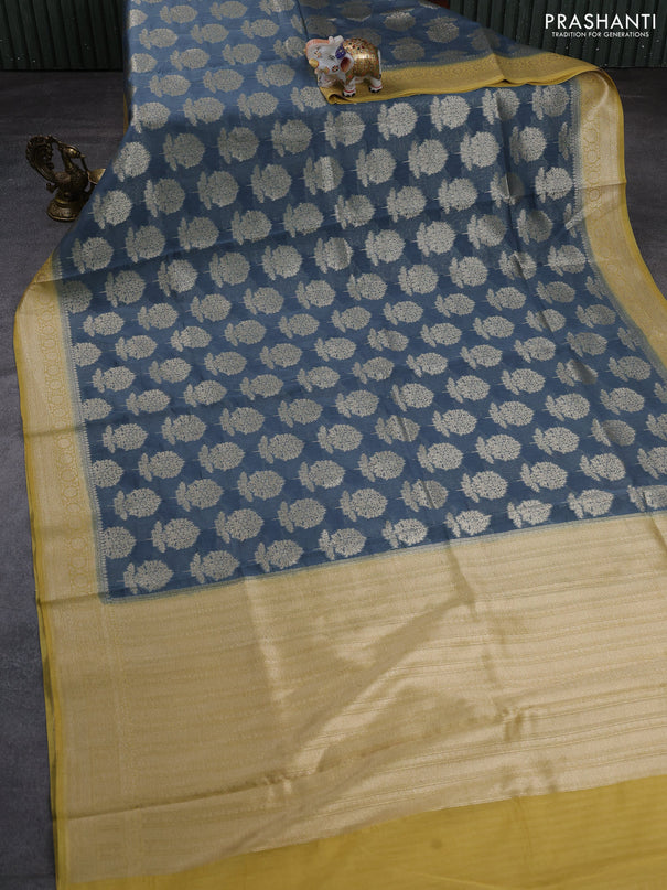 Banarasi silk cotton saree bluish grey and mustard yellow with allover thread & zari woven buttas and woven border