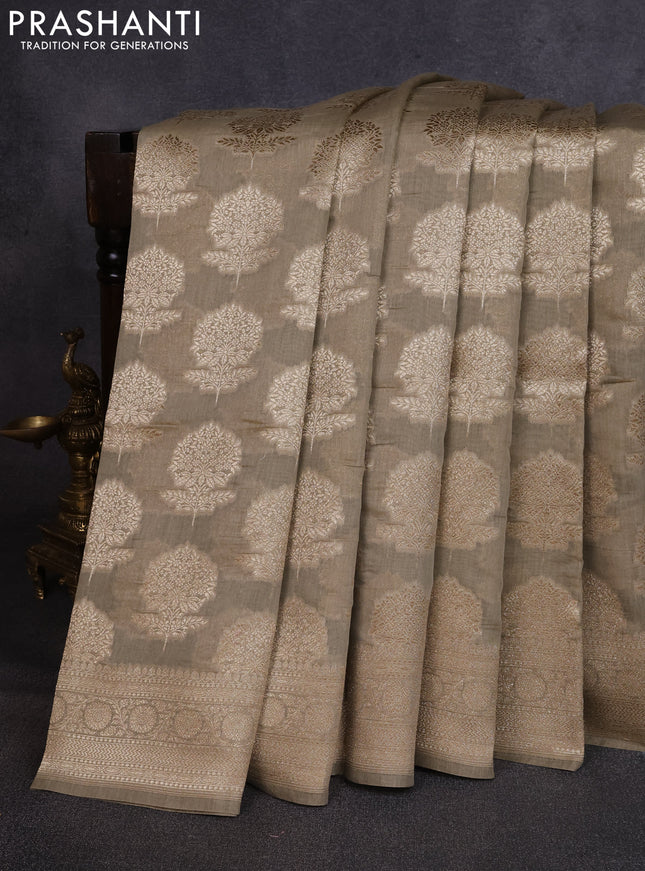 Banarasi silk cotton saree beige with allover thread & zari woven buttas and woven border