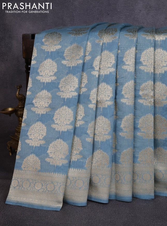 Banarasi silk cotton saree bluish grey with allover thread & zari woven buttas and woven border